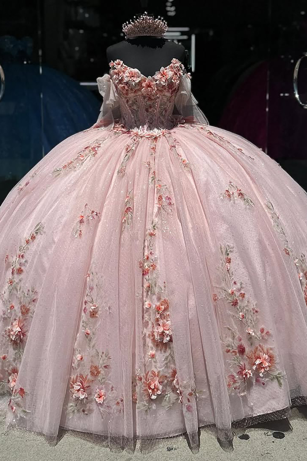 Off-the-Shoulder Blush Pink Quinceanera Ball Gown with Tulle Applique and Bow