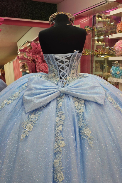 Sweetheart Ball Gown in Sky Blue with Tulle Applique and Bow for Quinceanera
