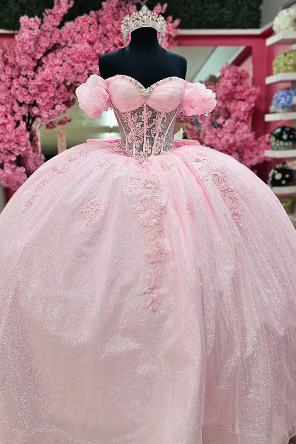 Off-the-Shoulder Blush Pink Ball Gown with Tulle Applique and Corset for Quinceanera