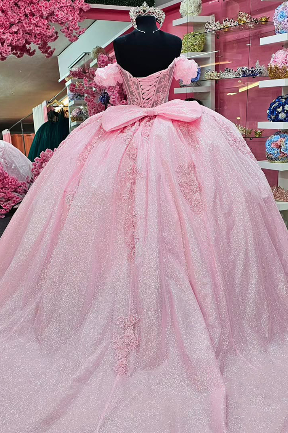 Off-the-Shoulder Blush Pink Ball Gown with Tulle Applique and Corset for Quinceanera
