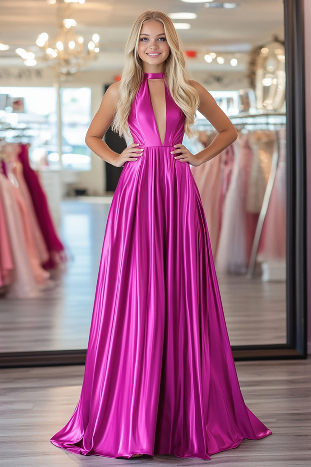 Long A Line Prom Dress with Fuchsia Metallic Halter Neck