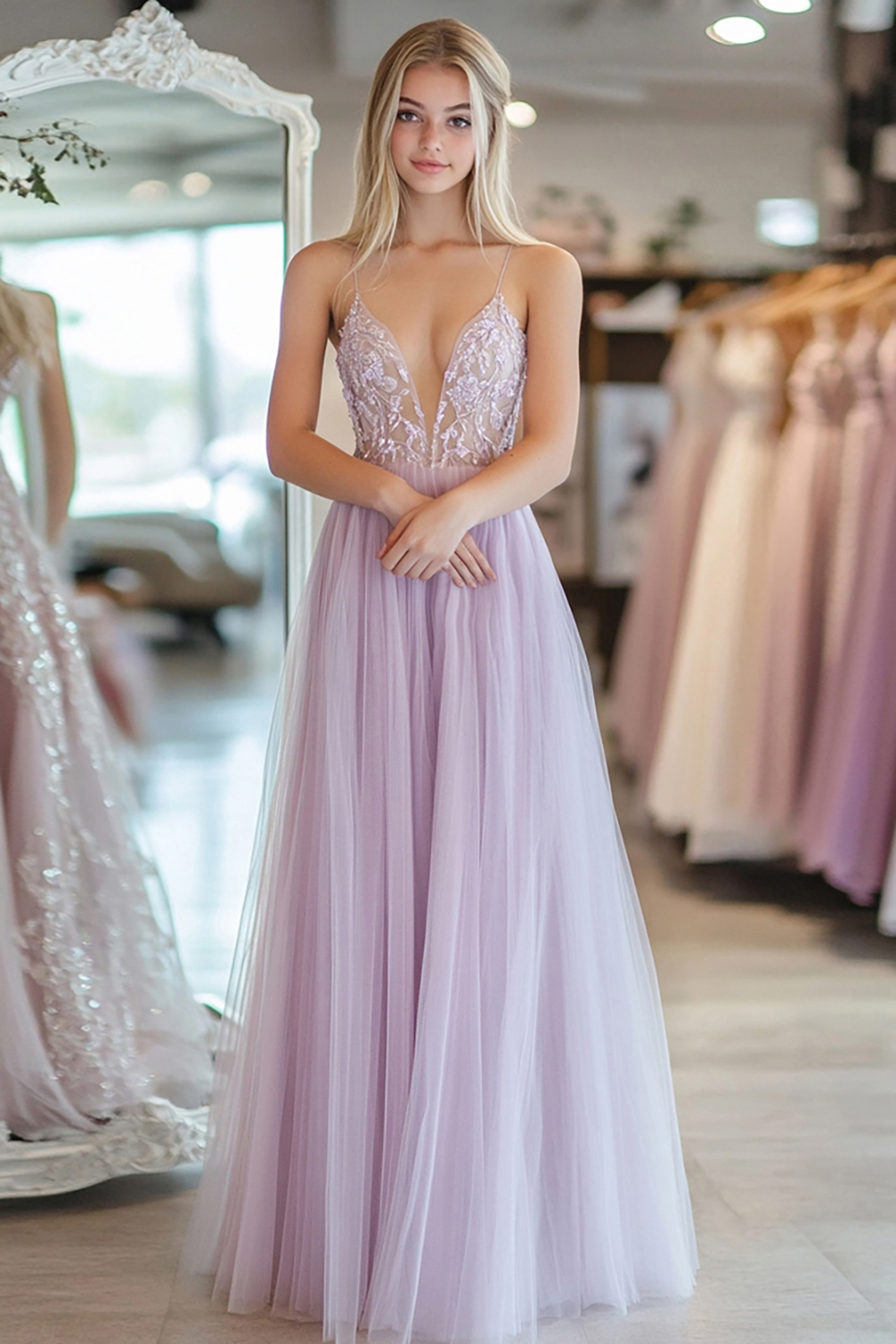 Long A-Line Prom Dress in Light Purple with Spaghetti Straps and Tulle Appliques
