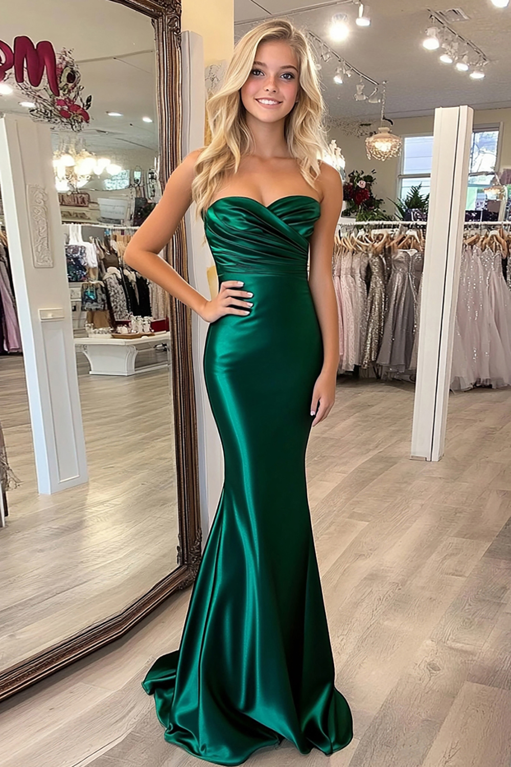 Dark Green Sweetheart Sheath Long Prom Dress with Elegant Ruched Satin