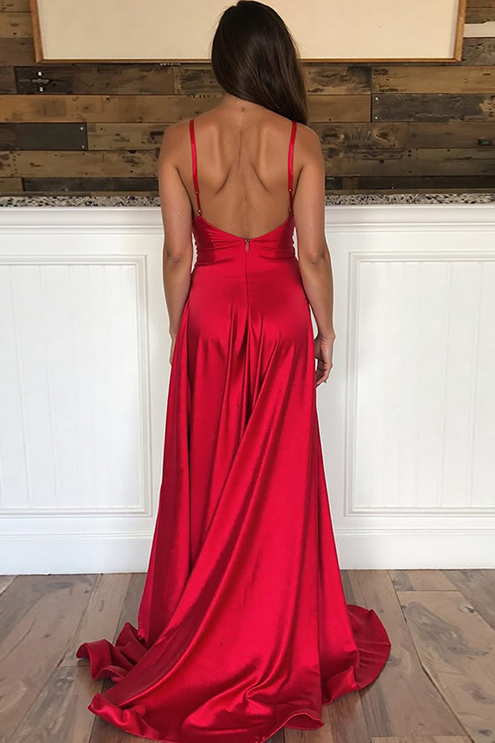 Long Red Satin Prom Dress with V-Neck and Slit Sheath
