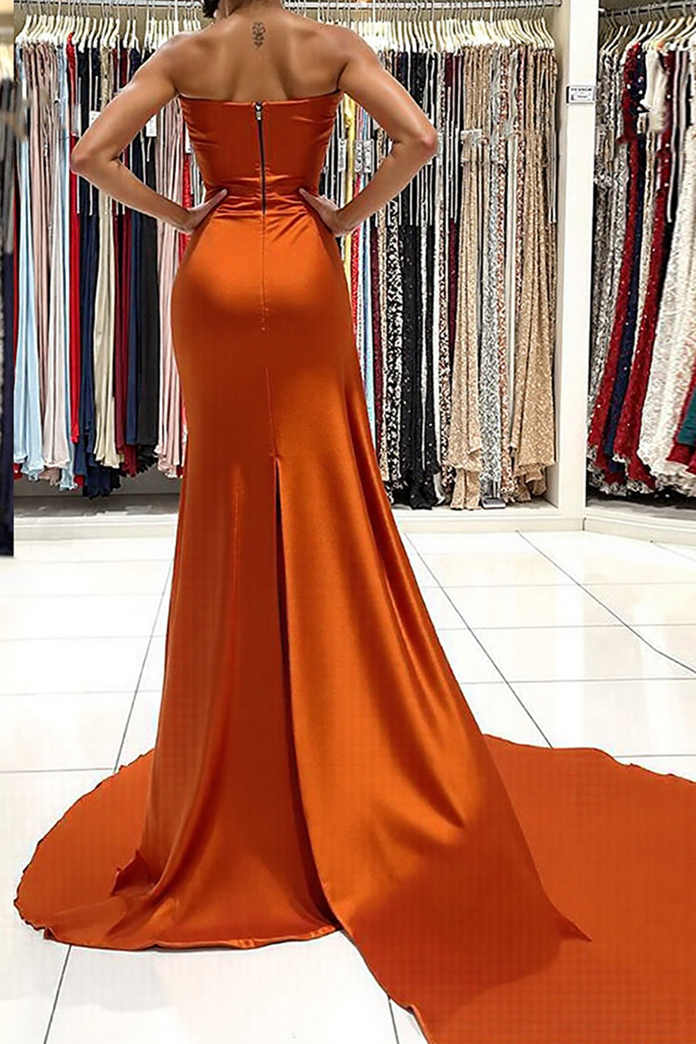 Long Orange Mermaid Prom Dress with Sweetheart Neckline and Satin Train