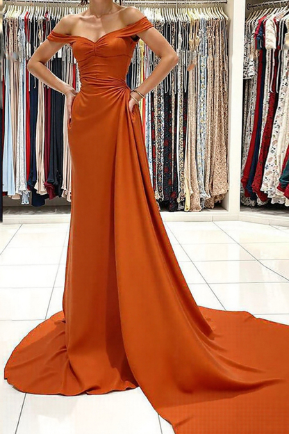 Long Orange Satin Mermaid Prom Dress with Off-Shoulder Neckline and Train
