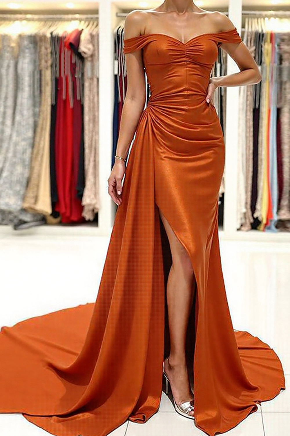 Long Orange Satin Mermaid Prom Dress with Off-Shoulder Neckline and Train