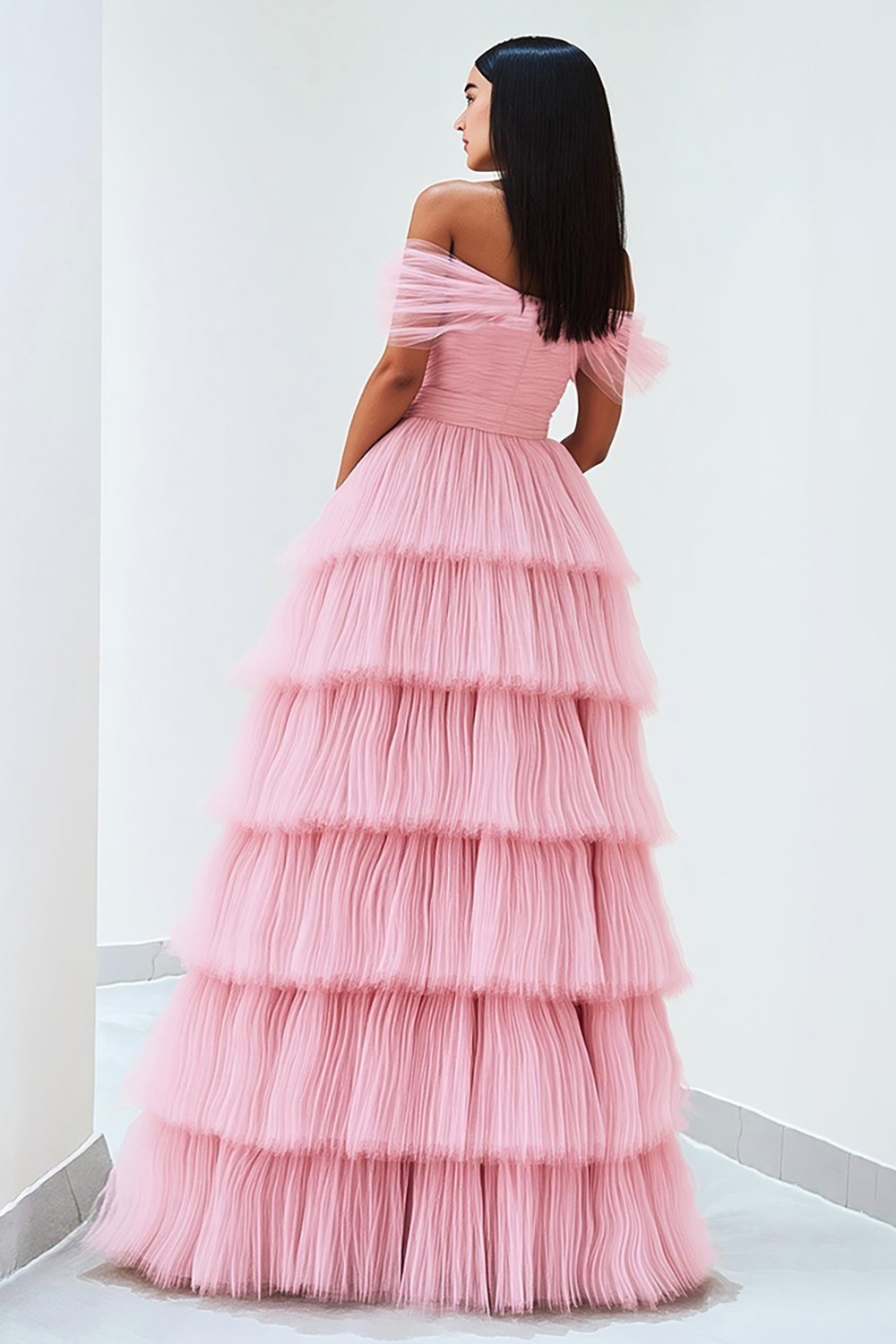 Long Ruffled Tulle Princess Prom Dress in Pink with Off-Shoulder Design