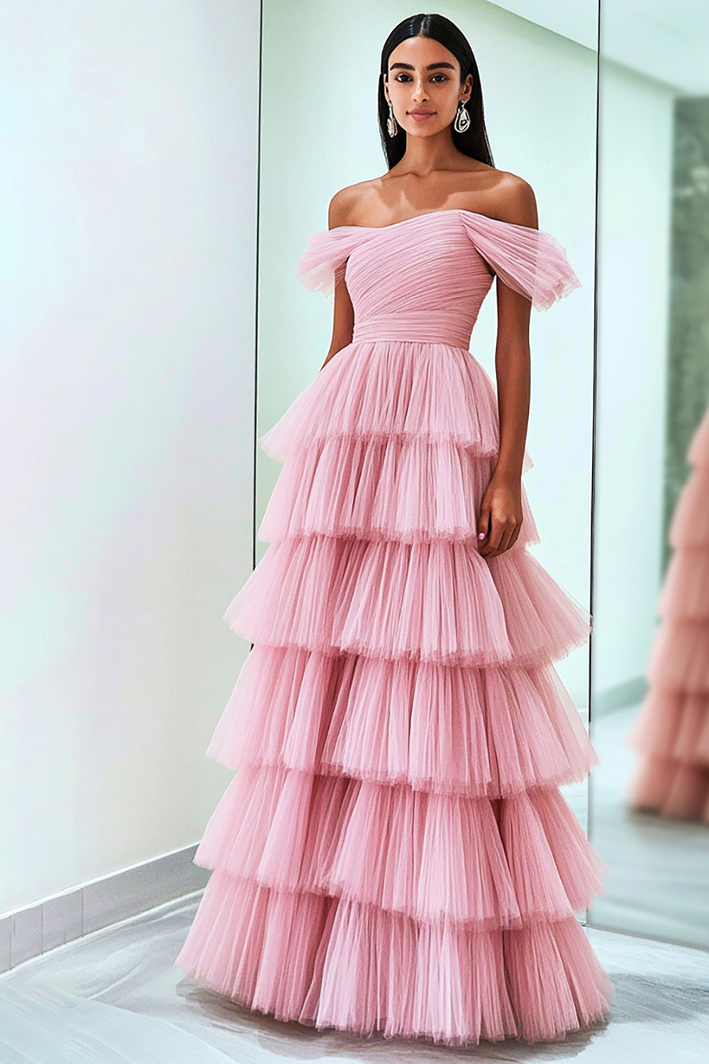 Long Ruffled Tulle Princess Prom Dress in Pink with Off-Shoulder Design