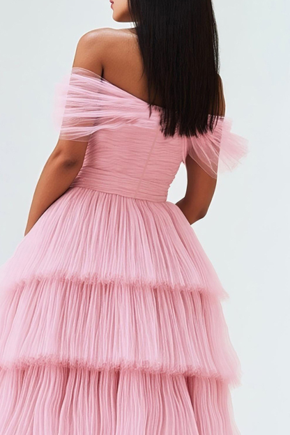 Long Ruffled Tulle Princess Prom Dress in Pink with Off-Shoulder Design
