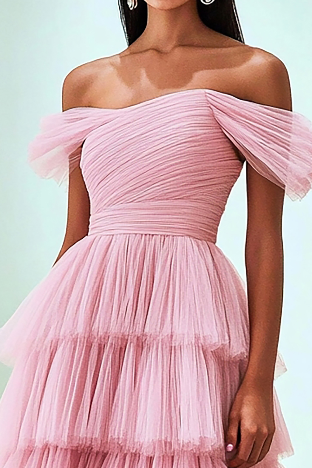 Long Ruffled Tulle Princess Prom Dress in Pink with Off-Shoulder Design