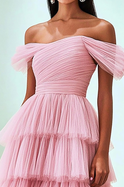 Long Ruffled Tulle Princess Prom Dress in Pink with Off-Shoulder Design