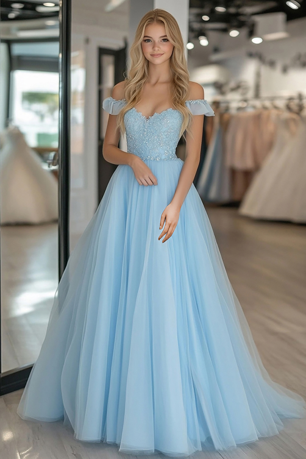 Off the Shoulder Sky Blue Long Prom Dress in A-Line Tulle with Appliques