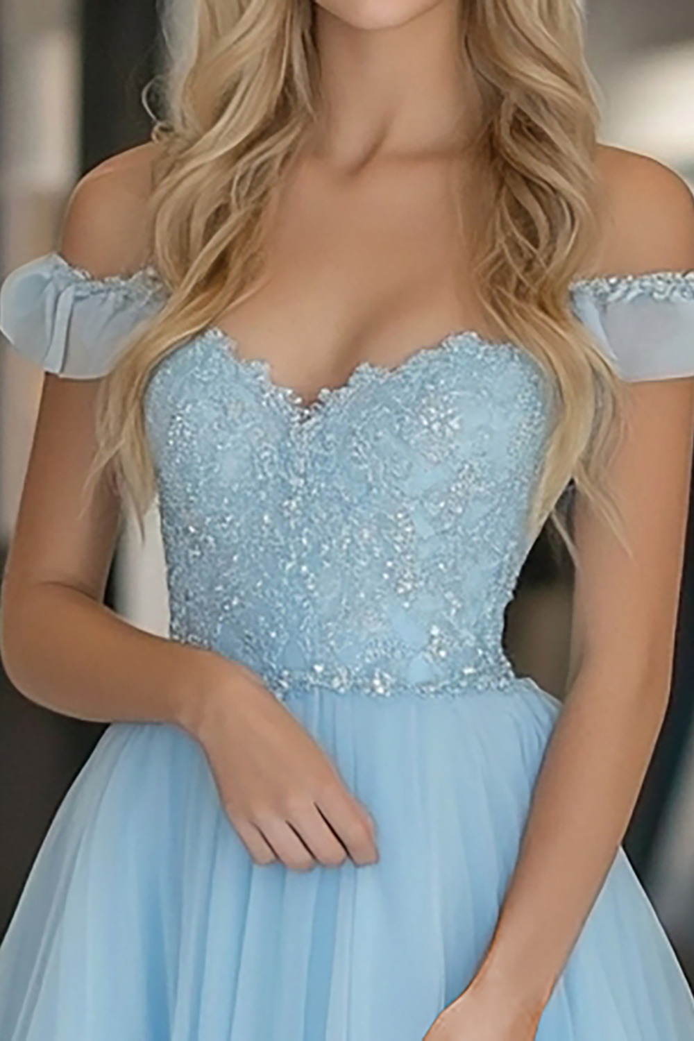 Off the Shoulder Sky Blue Long Prom Dress in A-Line Tulle with Appliques