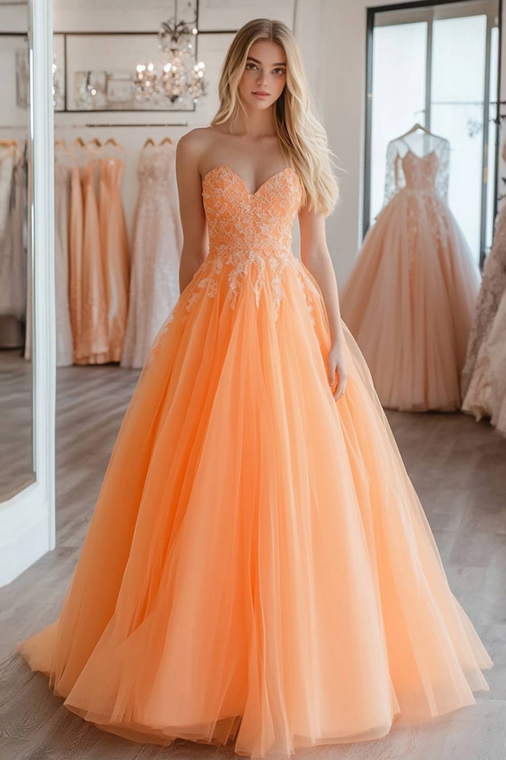 Sweetheart Long Prom Dress in Orange Tulle with Appliques