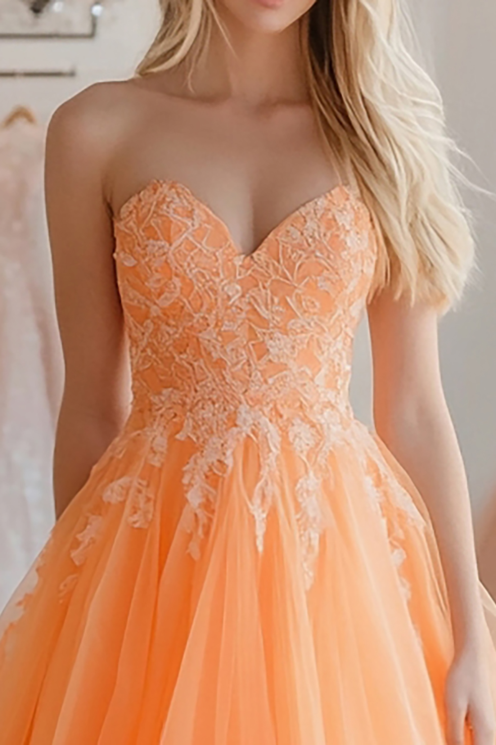 Sweetheart Long Prom Dress in Orange Tulle with Appliques