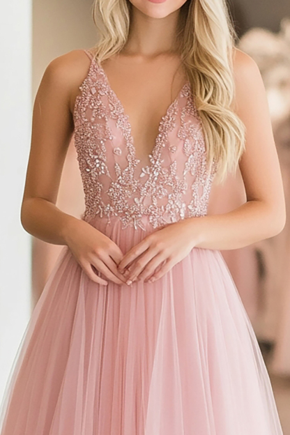 Long Pink A-Line Prom Dress with Elegant Tulle and Spaghetti Straps Featuring Appliques