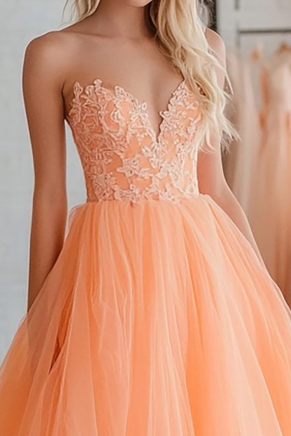 Long Strapless Prom Dress in Orange with A-Line Tulle Ruffles and Appliques