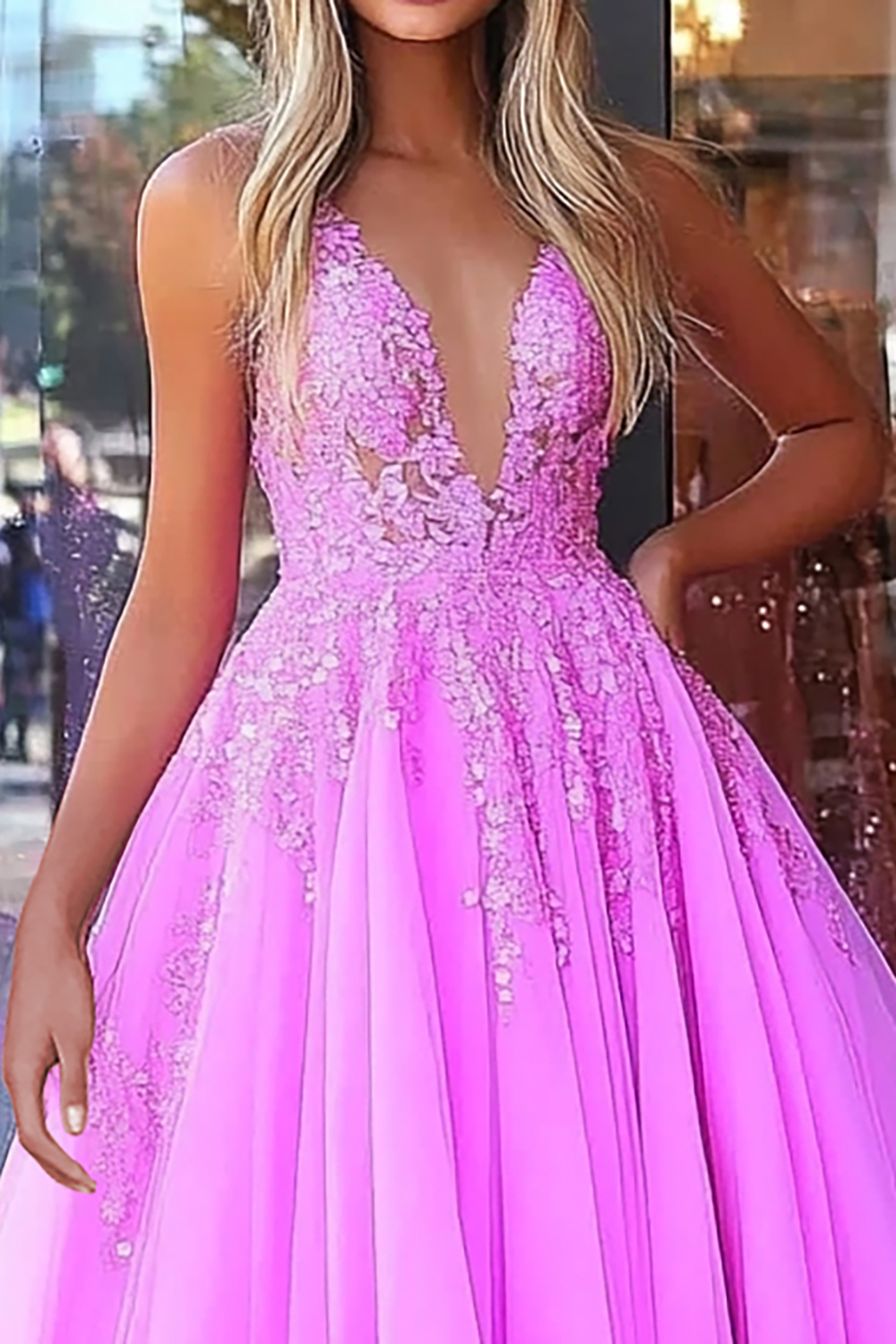 Long Fuchsia Prom Dress in A-Line Silhouette with Spaghetti Straps and Sequined Tulle Appliques