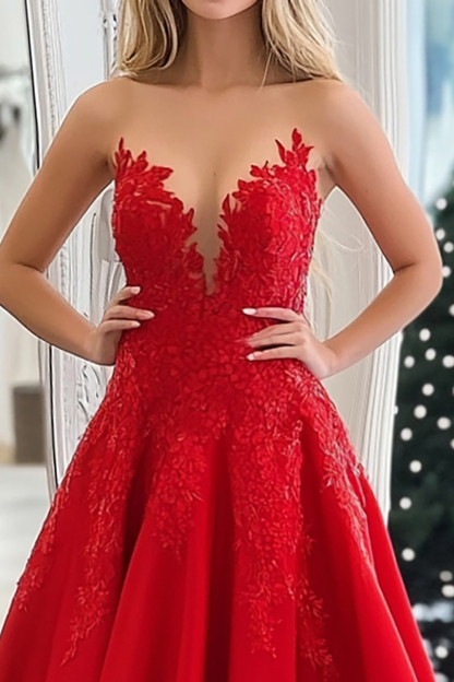 Long Strapless Red Prom Dress in A-Line Style with Sequined Appliques