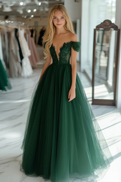 Long Off-the-Shoulder Dark Green Prom Ball Gown with Laced Tulle Appliques