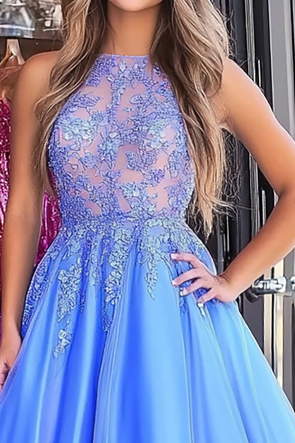 Long Blue Sparkly Prom Dress with Scoop Neck and Sequined A-Line Appliques