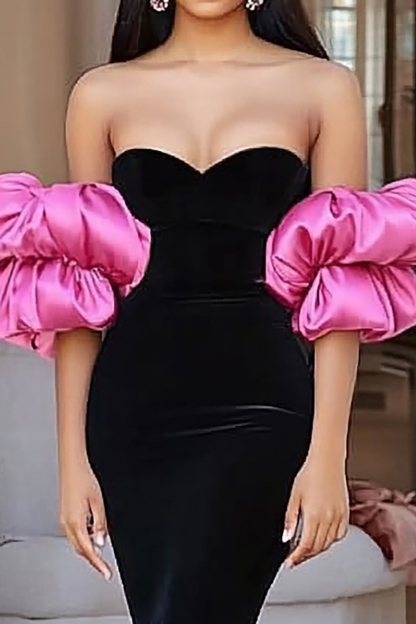 Long Prom Dress with Mermaid Silhouette in Black&Pink Strapless Off-Shoulder Design and Puff Sleeves
