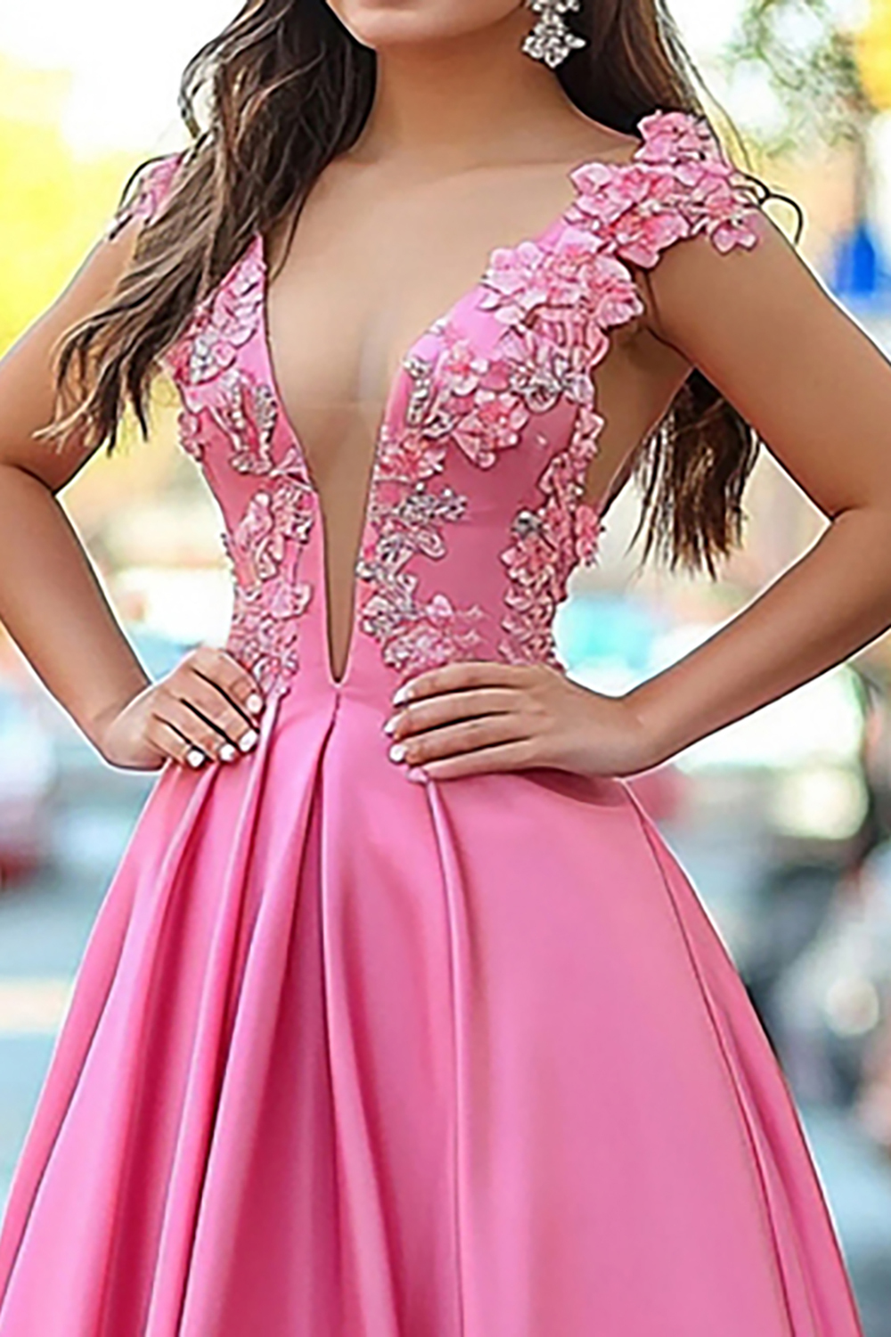 Pink Glitter V-Neck A-Line Long Prom Dress in Satin with Sequined Appliques