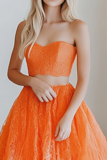 Orange Princess Long Prom Dress with Strapless Ruffles and Lace in A-Line 2-Piece Design