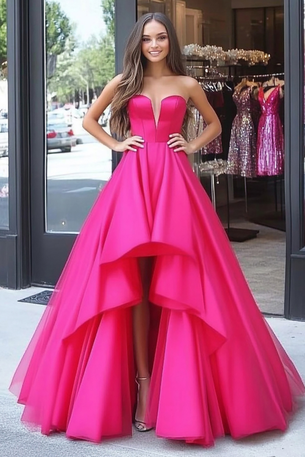Strapless Fuchsia Ball Gown with Hi-Low A-Line Ruffle Tulle