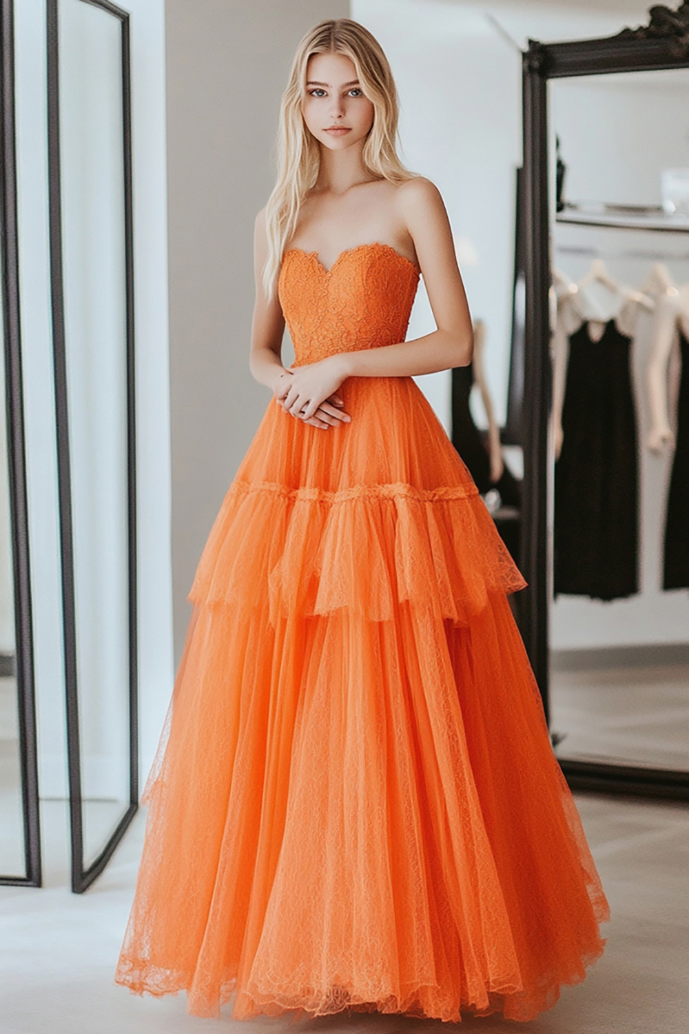 Long Strapless Prom Dress in Orange with A-Line Tulle Ruffles and Lace Appliques