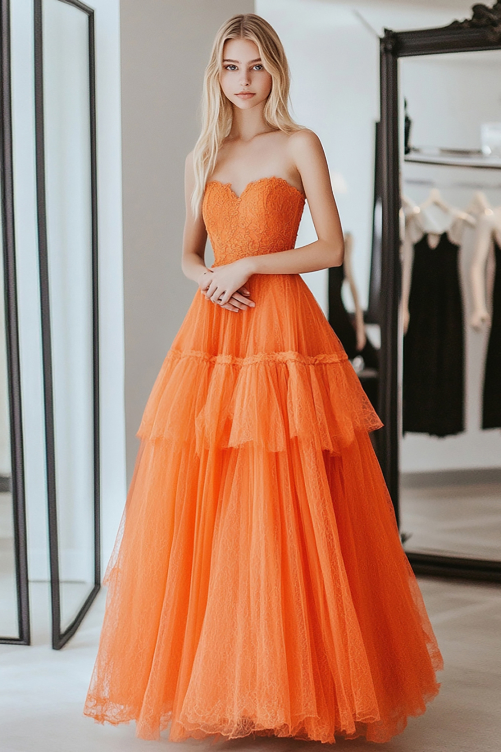 Long Strapless Prom Dress in Orange with A-Line Tulle Ruffles and Lace Appliques