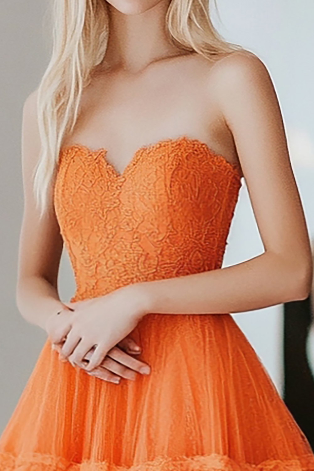 Long Strapless Prom Dress in Orange with A-Line Tulle Ruffles and Lace Appliques