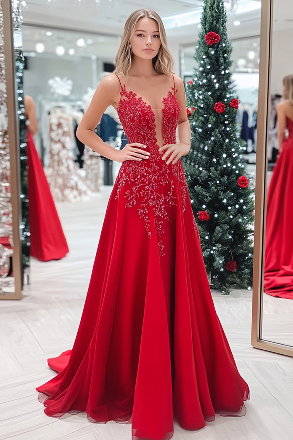 Long Red Satin Prom Dress with Sparkly Sequined Appliques and Spaghetti Straps in A-Line Style