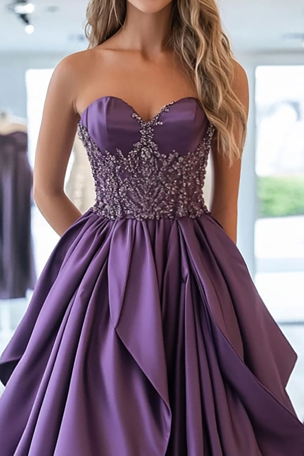 Long Strapless Plum Satin Prom Dress with Sparkly Ruffles and Sequined A-Line Appliques