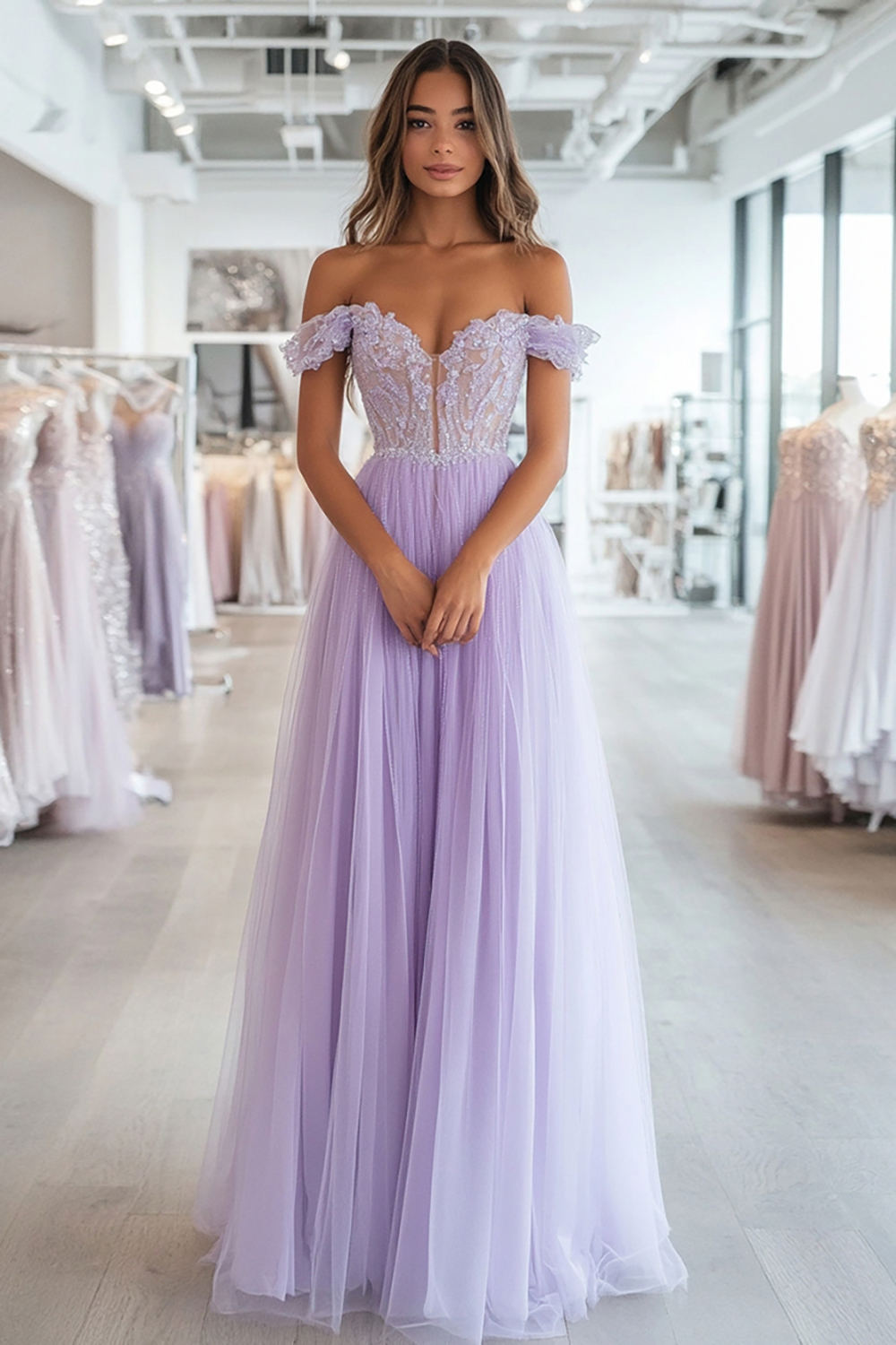 Long Lilac Sparkly Prom Dress in A-Line Style with Off-Shoulder Tulle and Sequined Appliques