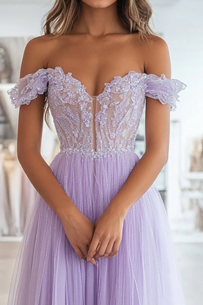 Long Lilac Sparkly Prom Dress in A-Line Style with Off-Shoulder Tulle and Sequined Appliques