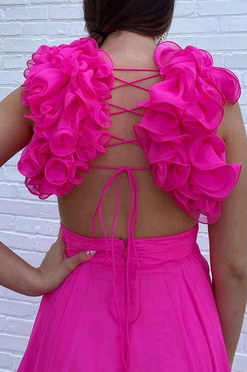 Fuchsia Long A-Line Prom Dress with 3D Flowers and V-Neck