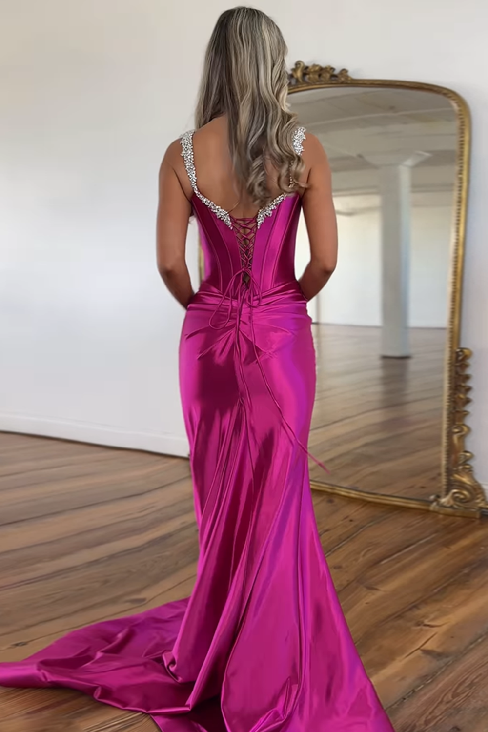 Long Mermaid Corset Prom Dress with Hot Pink Spaghetti Straps and Ruched Slit