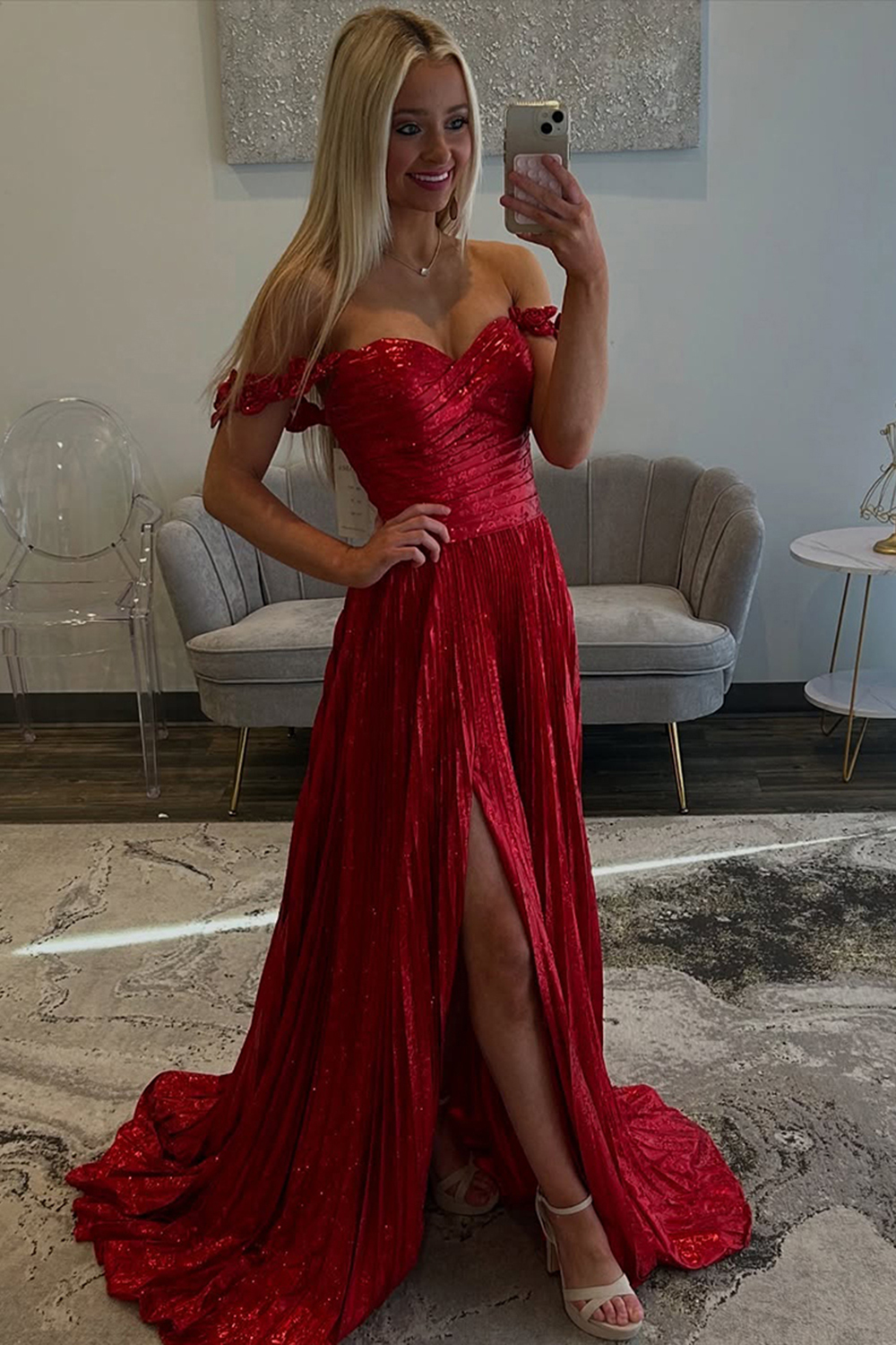 Long Pleated Red Prom Dress with Sparkly Off-The-Shoulder A-Line and Slit
