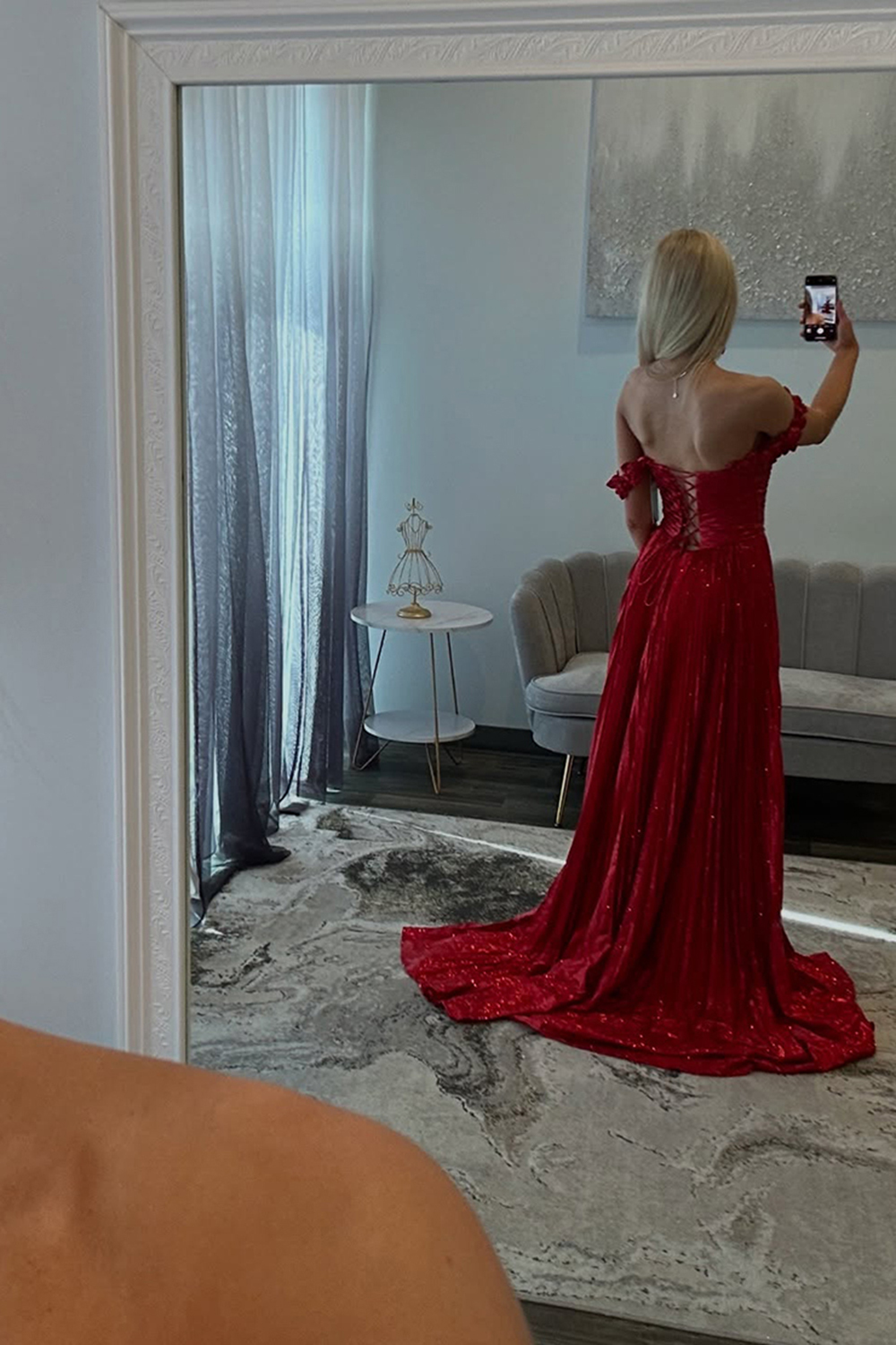 Long Pleated Red Prom Dress with Sparkly Off-The-Shoulder A-Line and Slit
