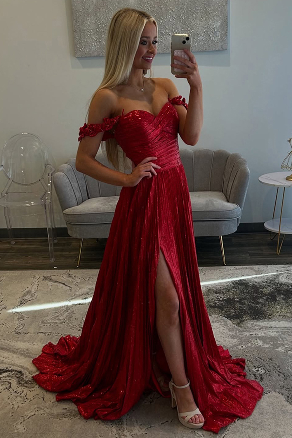 Long Pleated Red Prom Dress with Sparkly Off-The-Shoulder A-Line and Slit