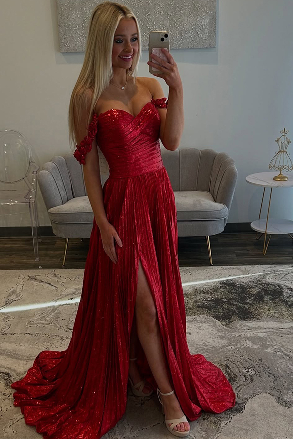 Long Pleated Red Prom Dress with Sparkly Off-The-Shoulder A-Line and Slit