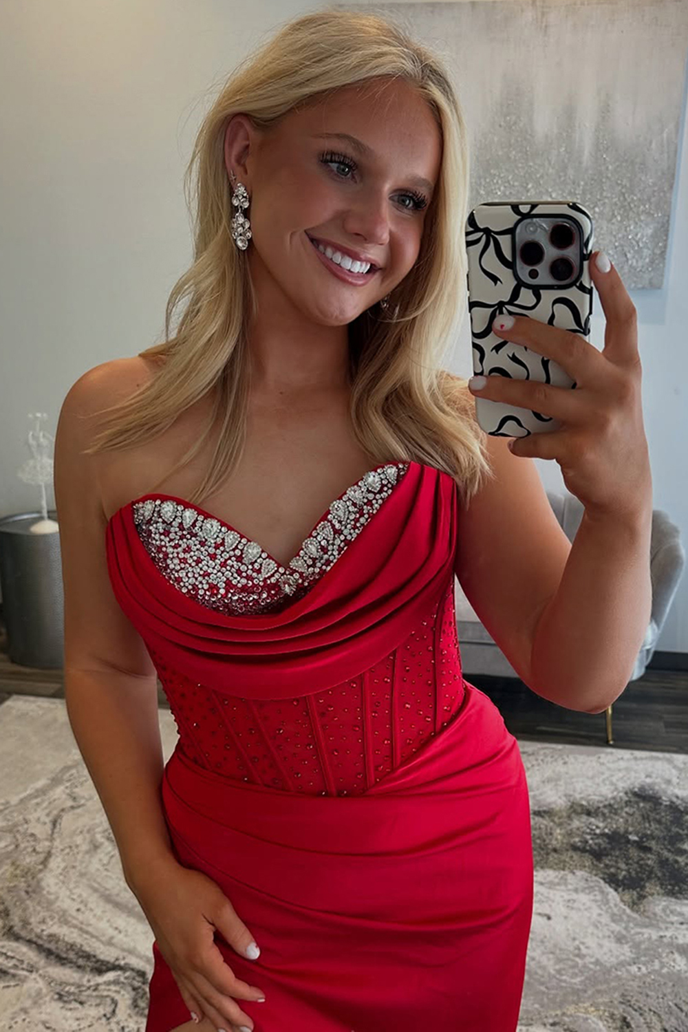Long Satin Prom Dress in Red with Beading and Ruched Sweetheart Mermaid Design