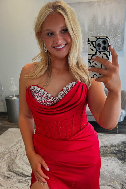 Long Satin Prom Dress in Red with Beading and Ruched Sweetheart Mermaid Design