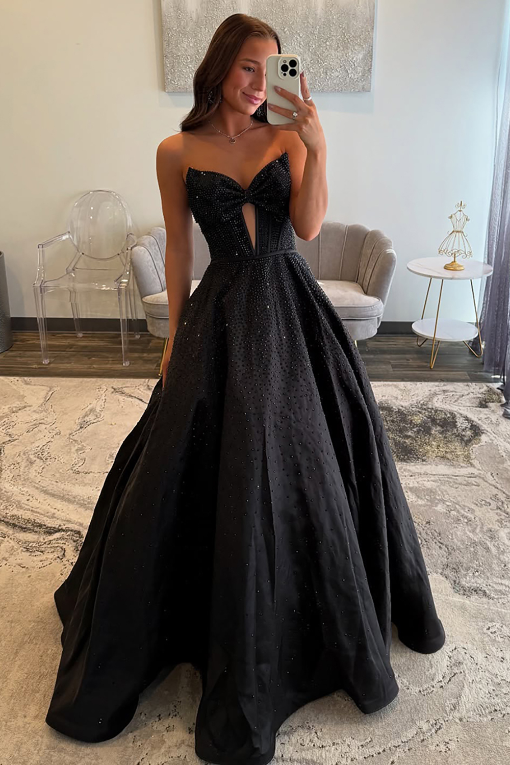 Sweetheart Long Beaded Prom Dress in Dark Navy with Corset and Bow