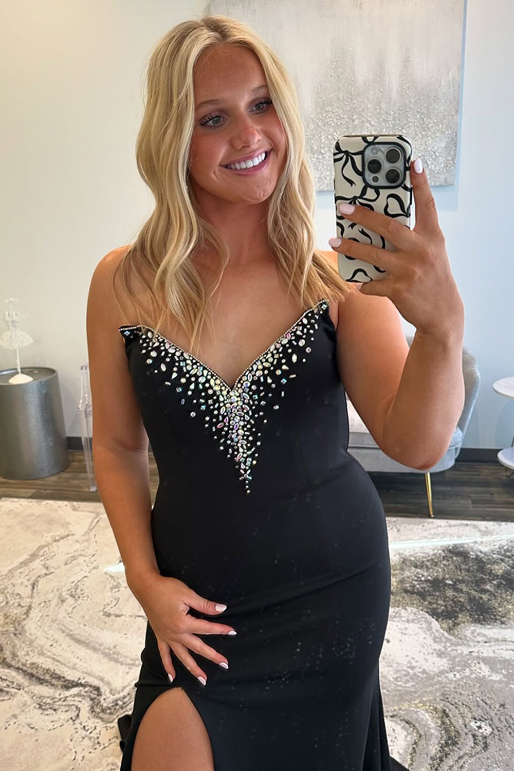 Long Black Beaded Mermaid Prom Dress with Strapless Neckline and Slit