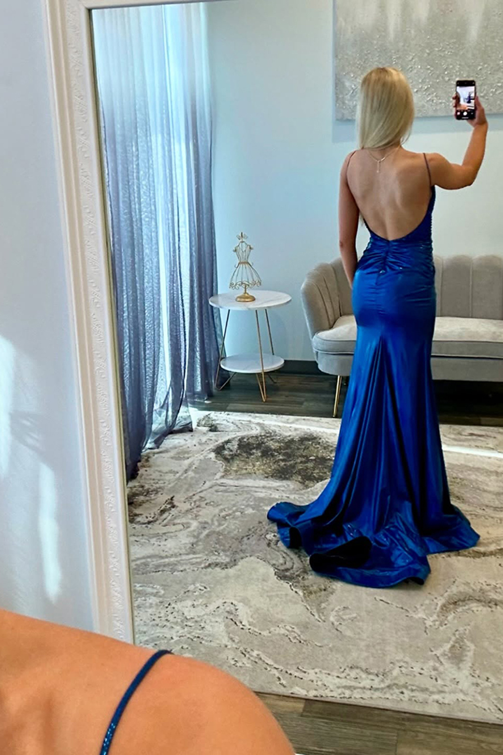 Long Mermaid Prom Dress in Royal Blue with Beaded Spaghetti Straps and Satin Slit
