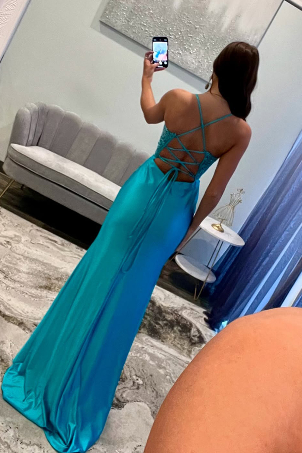 Long Satin Mermaid Prom Dress in Blue with Spaghetti Straps and Appliques