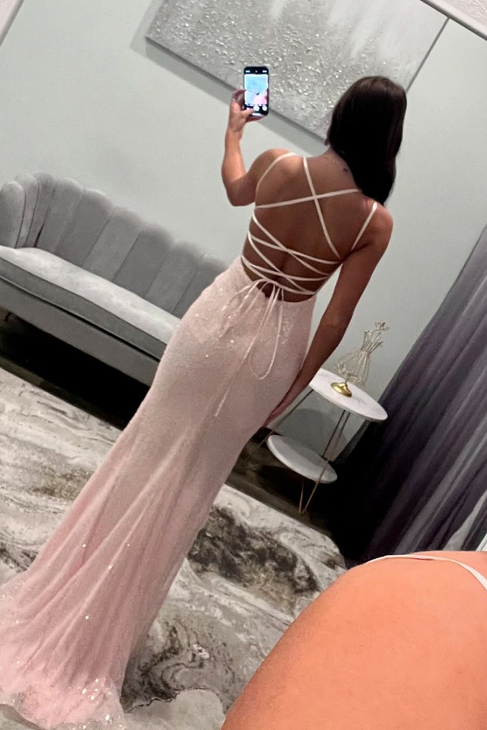 Long Mermaid Prom Dress with Light Pink Spaghetti Straps and Beaded Corset